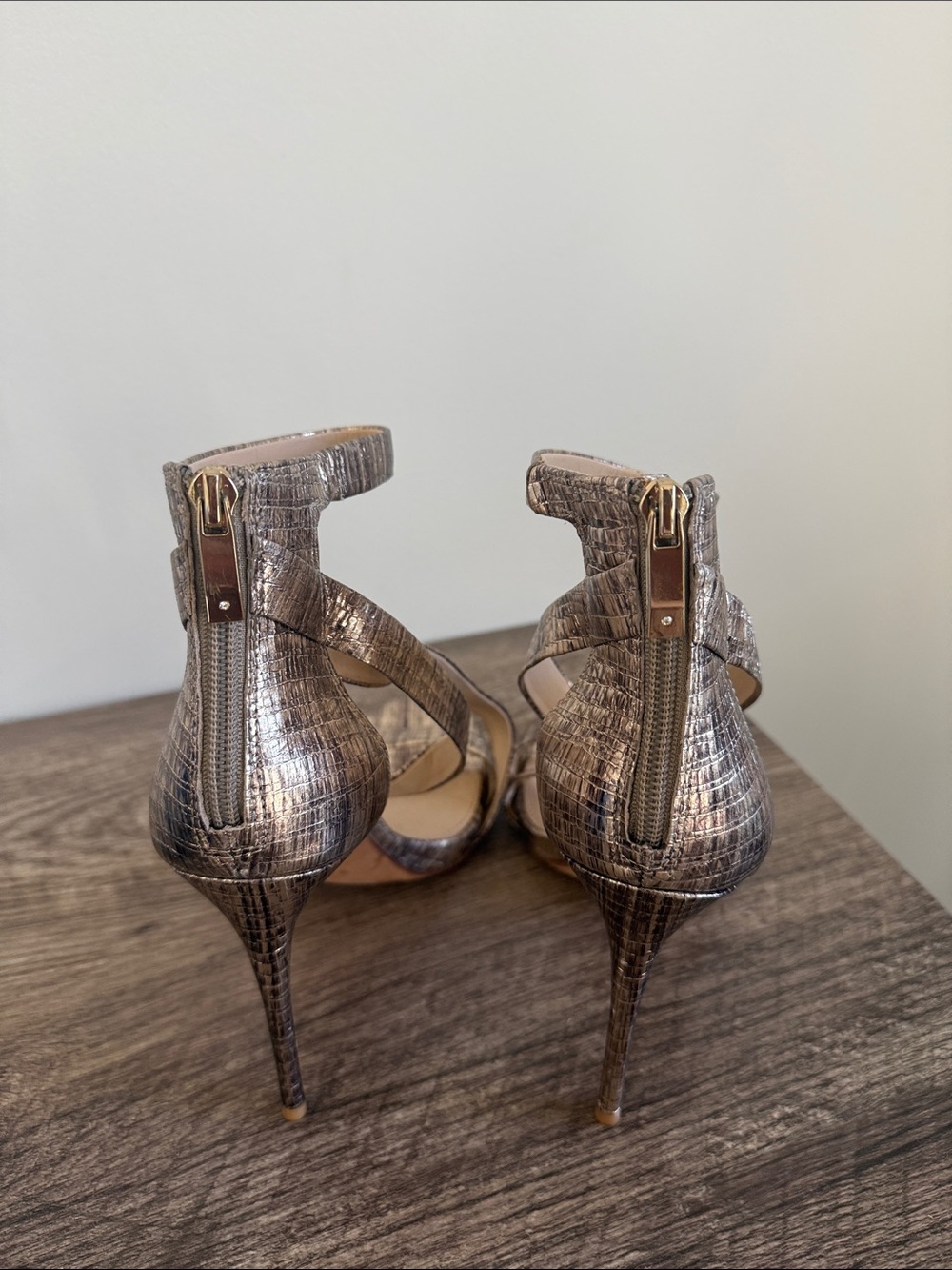 Vince Camuto Metallic Taupe Textured Strappy Stiletto Heels